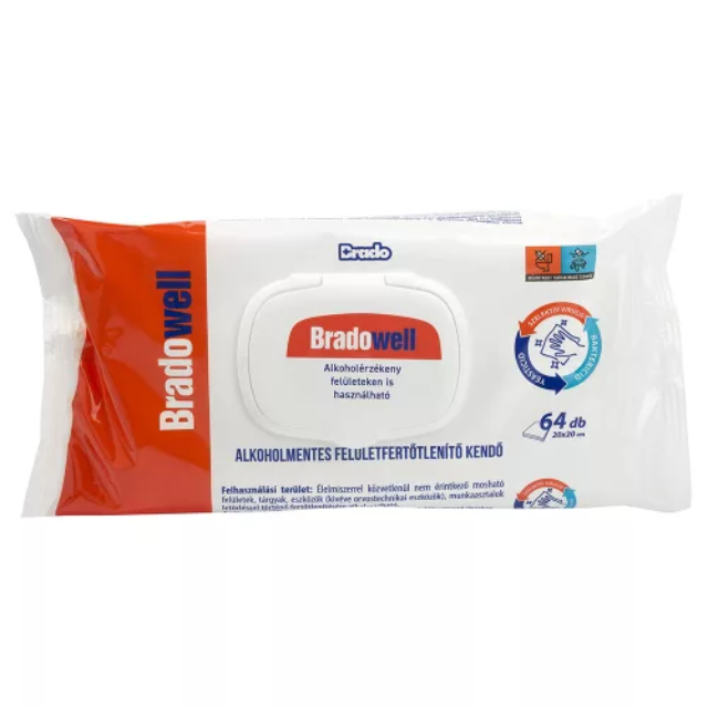 Bradowell alkoholmentes felületfertőtlenítő kendő 64db